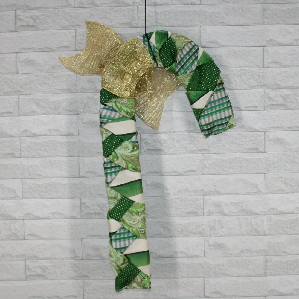 HAND CRAFTED Candy Cane Green Wreath Christmas Wall Art Decor Upcycled Necktie
